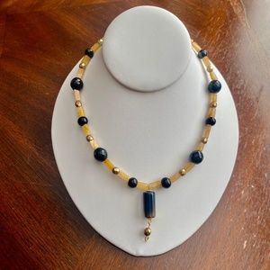 Earthy Tawny Yellow, Black & Golden Colored Necklace w Black Gold Ombre Pendant